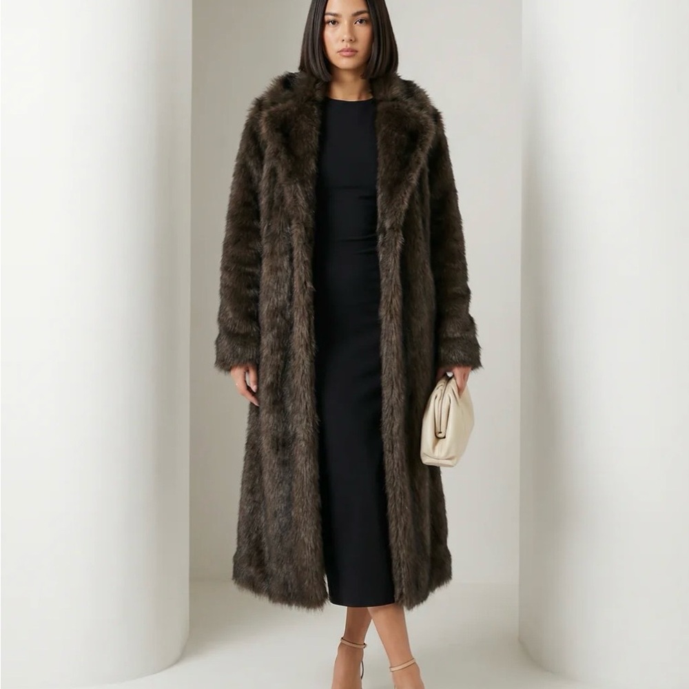 Eden Longline Faux-Fur Coat Boreal Luxe Brown